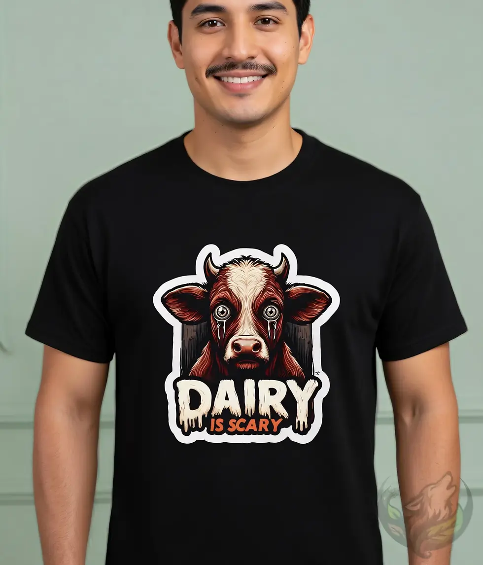 Thumbnail: Black unisex t-shirt worn by smiling man, "Dairy Is Scary" creepy cow with tears horror cartoon.
