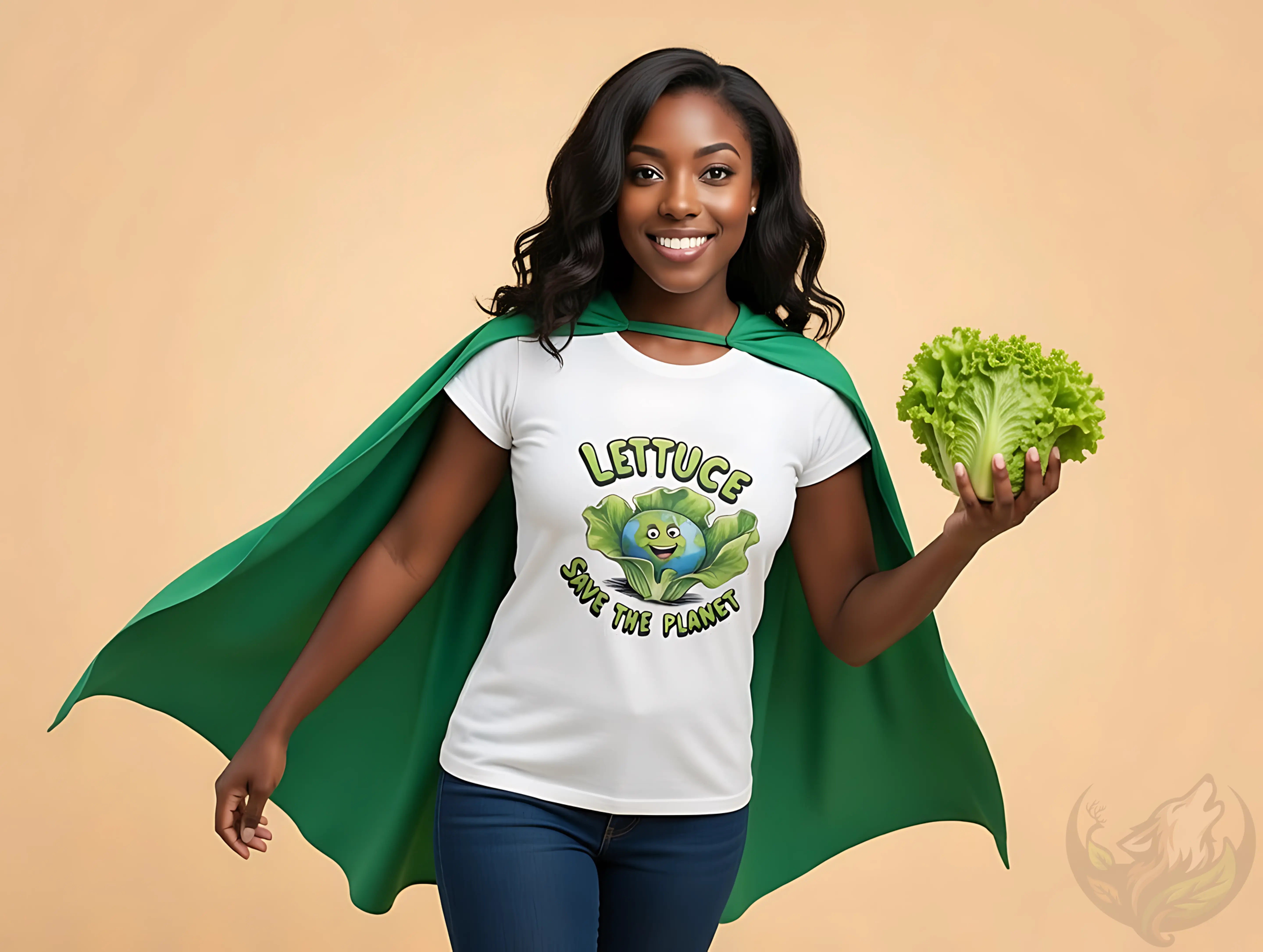 Women's pun t-shirt with "Lettuce Save the Planet" graphic, cute eco-themed food joke design on clean background