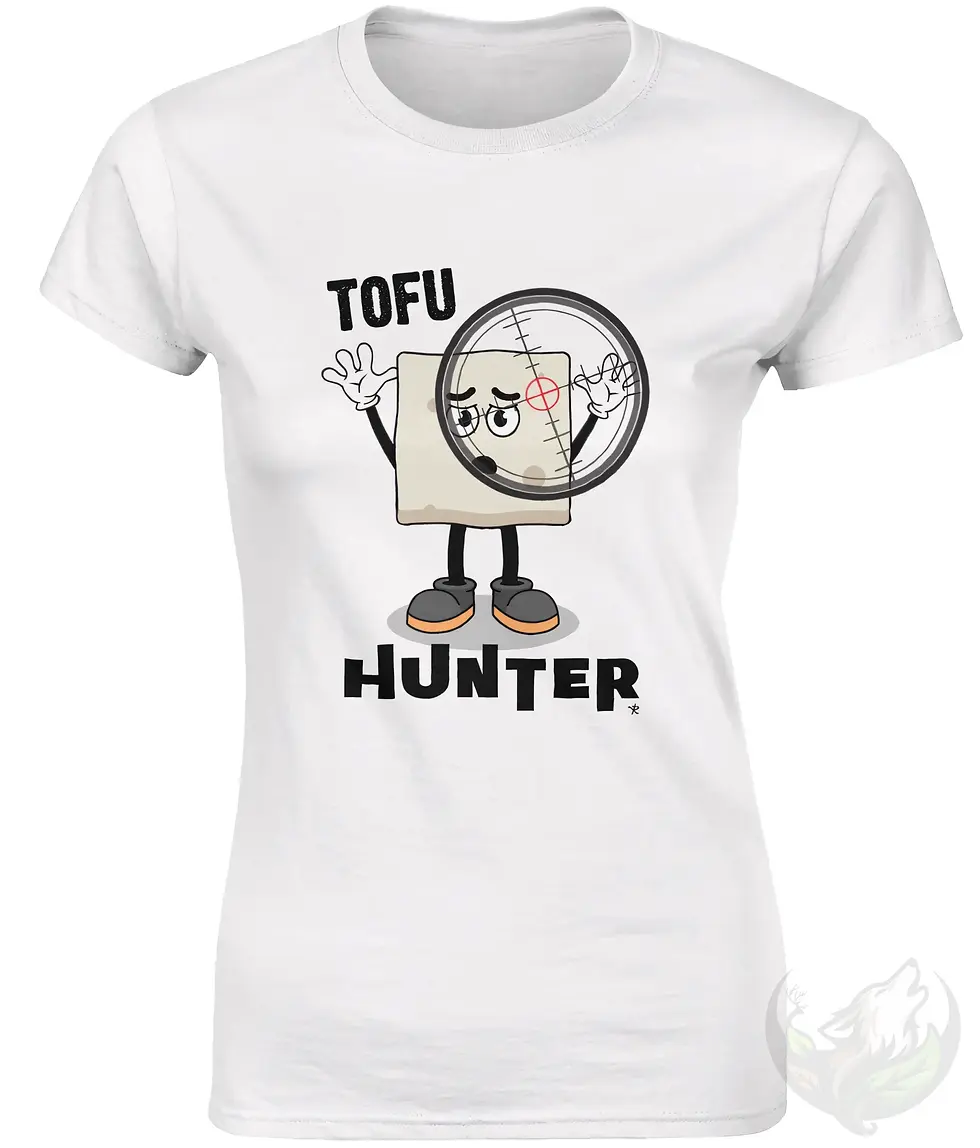 Thumbnail: Fitted white women’s vegan shirt with the “Tofu Hunter” tofu‑in‑a‑scope design.