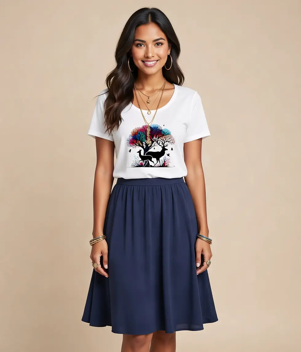 Thumbnail: Woman in a white scoop neck tee showcasing the colorful deer design in a well-lit studio setup.