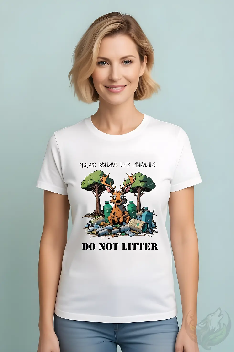 Woman wearing a white environmental shirt with the “Behave Like Animals — Do Not Litter” deer and forest design.