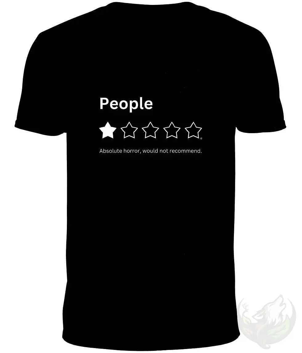 Thumbnail: Black V-neck T-shirt flat lay featuring “People” one-star rating print with funny introvert quote