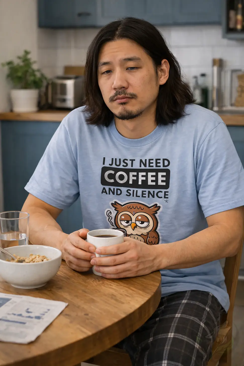 Men wearing light blue coffee and silence owl T-shirt enjoying a quiet morning coffee moment at home