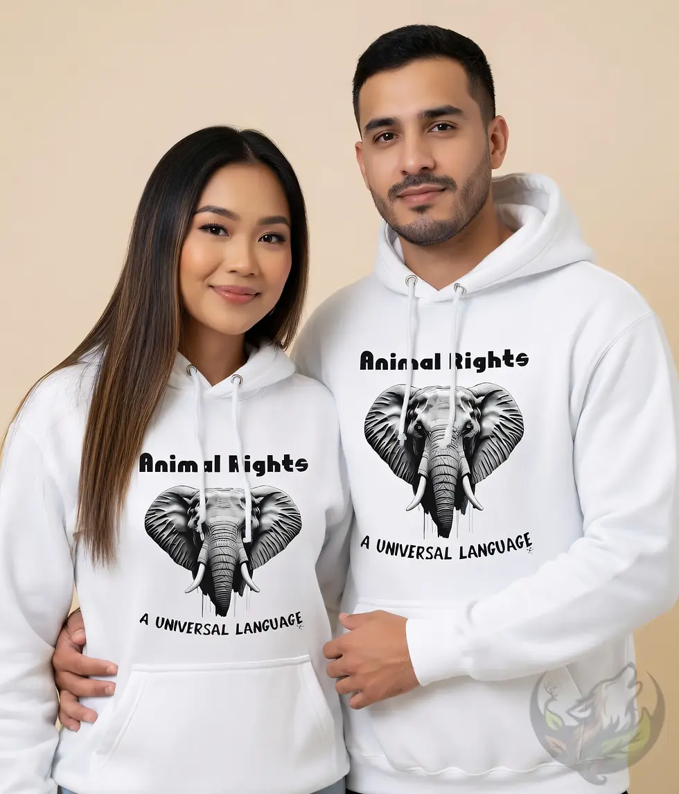 White unisex hoodie showing elephant artwork and text "Animal rights A UNIVERSAL LANGUAGE".