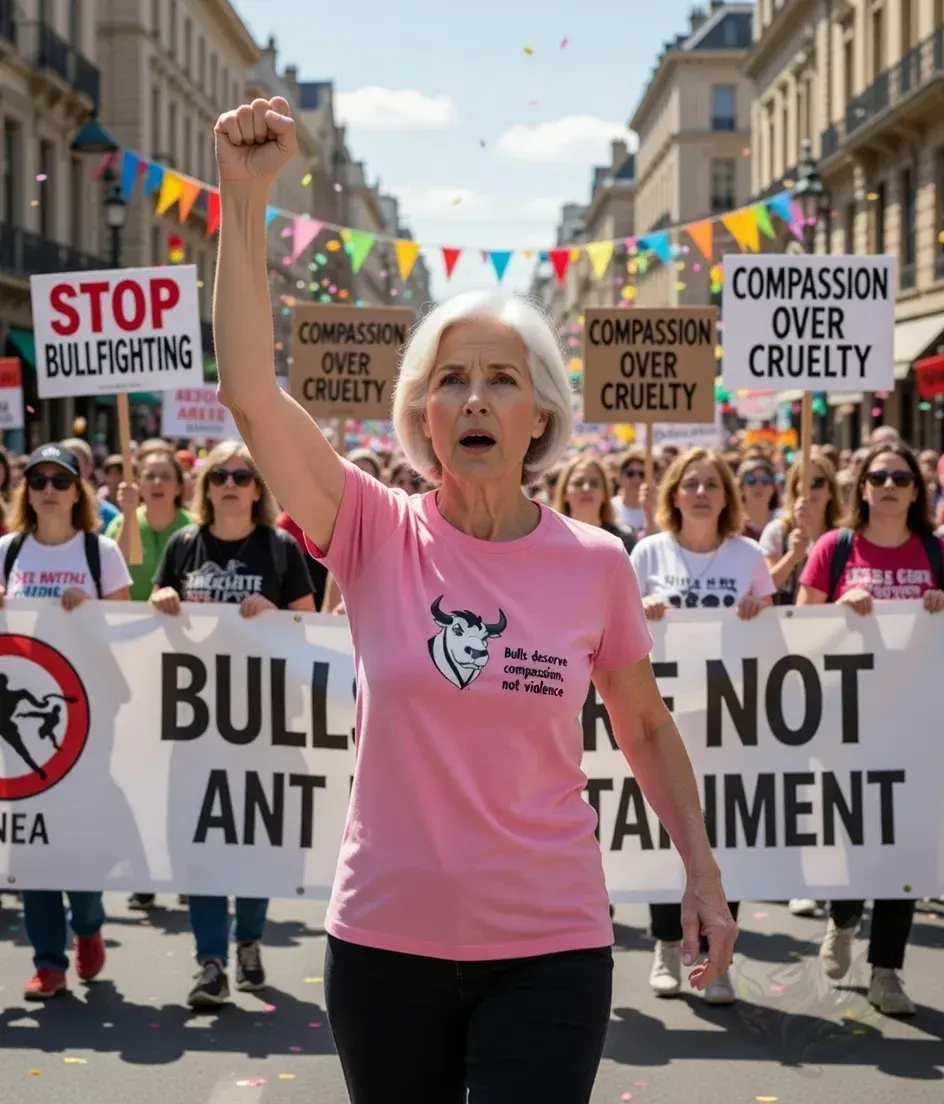 White scoop‑neck tee with Vegan Quotes “Bulls Deserve Compassion” design worn during an animal rights street protest.