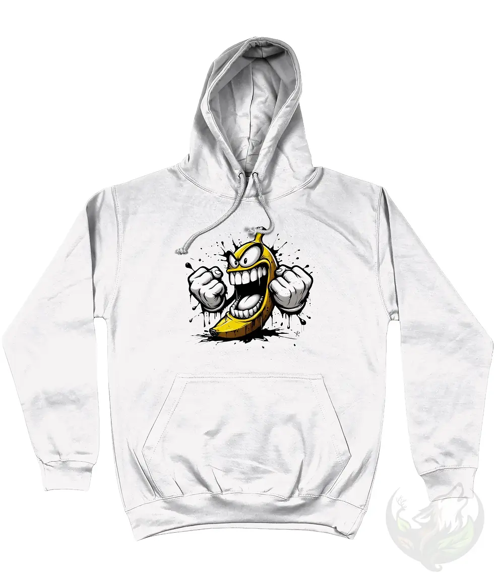 Thumbnail: White unisex hoodie featuring an angry graffiti banana design on the front.
