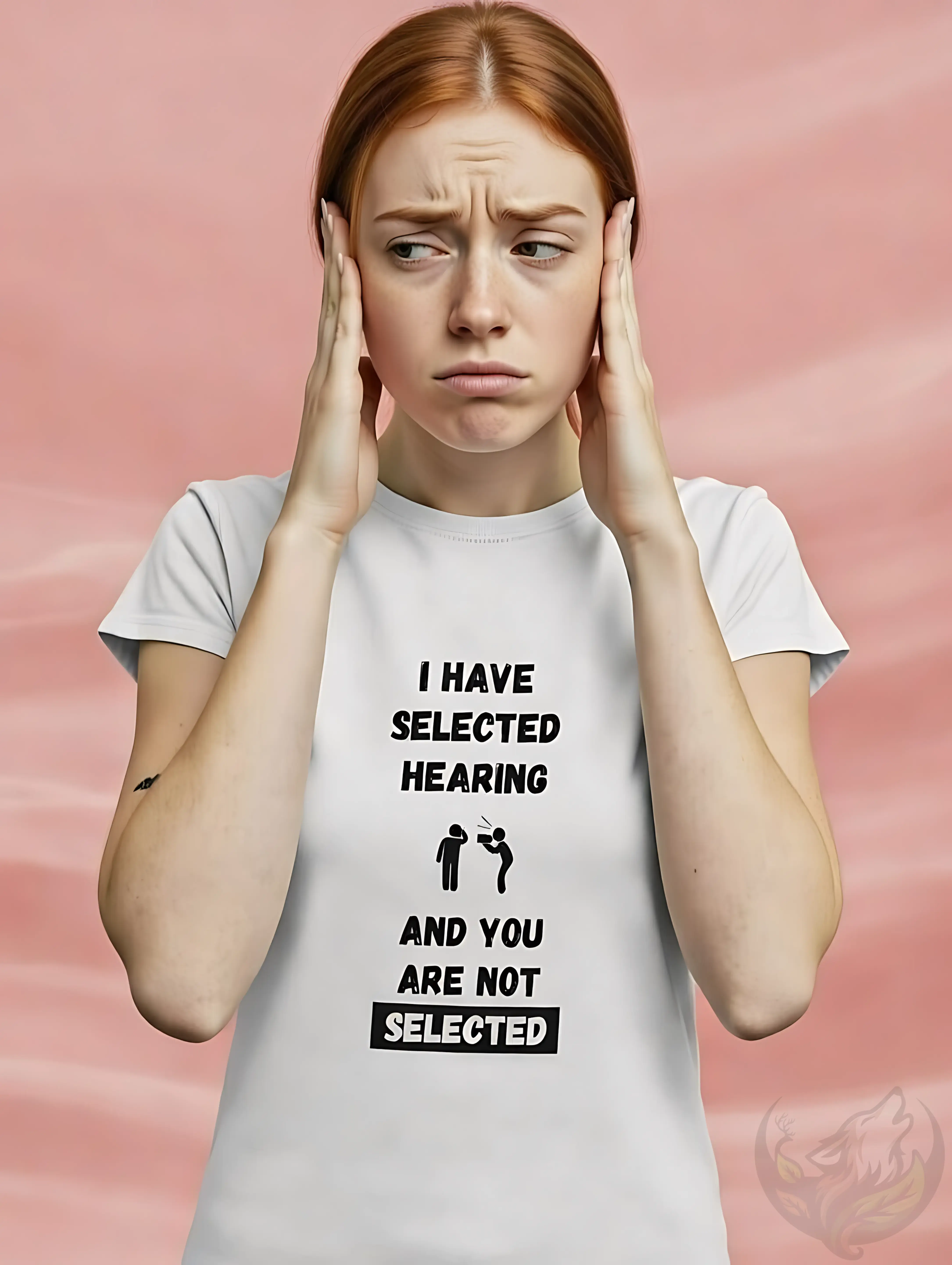 Woman in white fitted t-shirt with "Selective Hearing - You Are Not Selected" funny graphic.