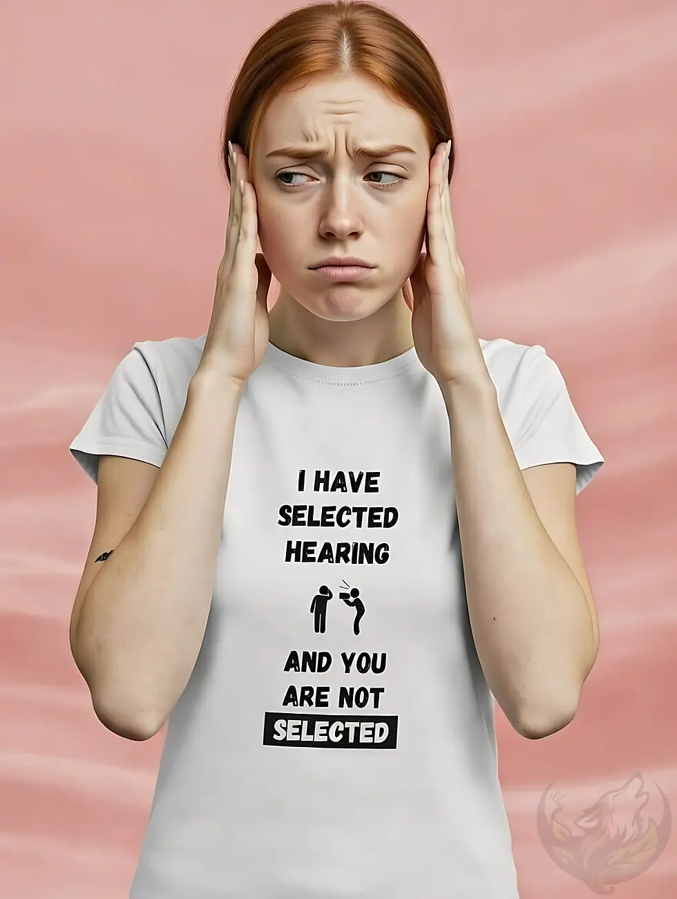 Woman in white fitted t-shirt with "Selective Hearing - You Are Not Selected" funny graphic.