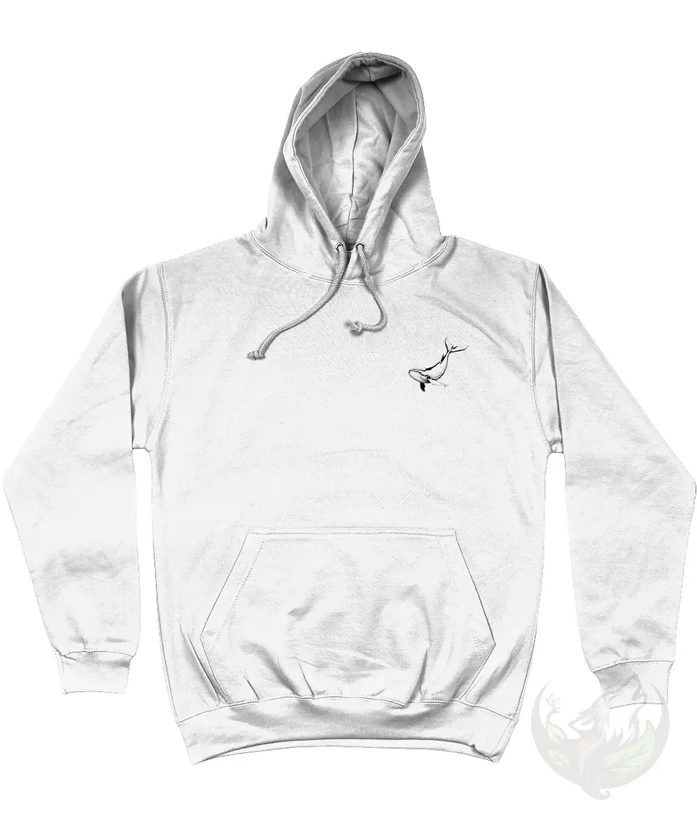 Thumbnail: White unisex hoodie featuring a minimalist whale line art design displayed in a flat lay product mockup.