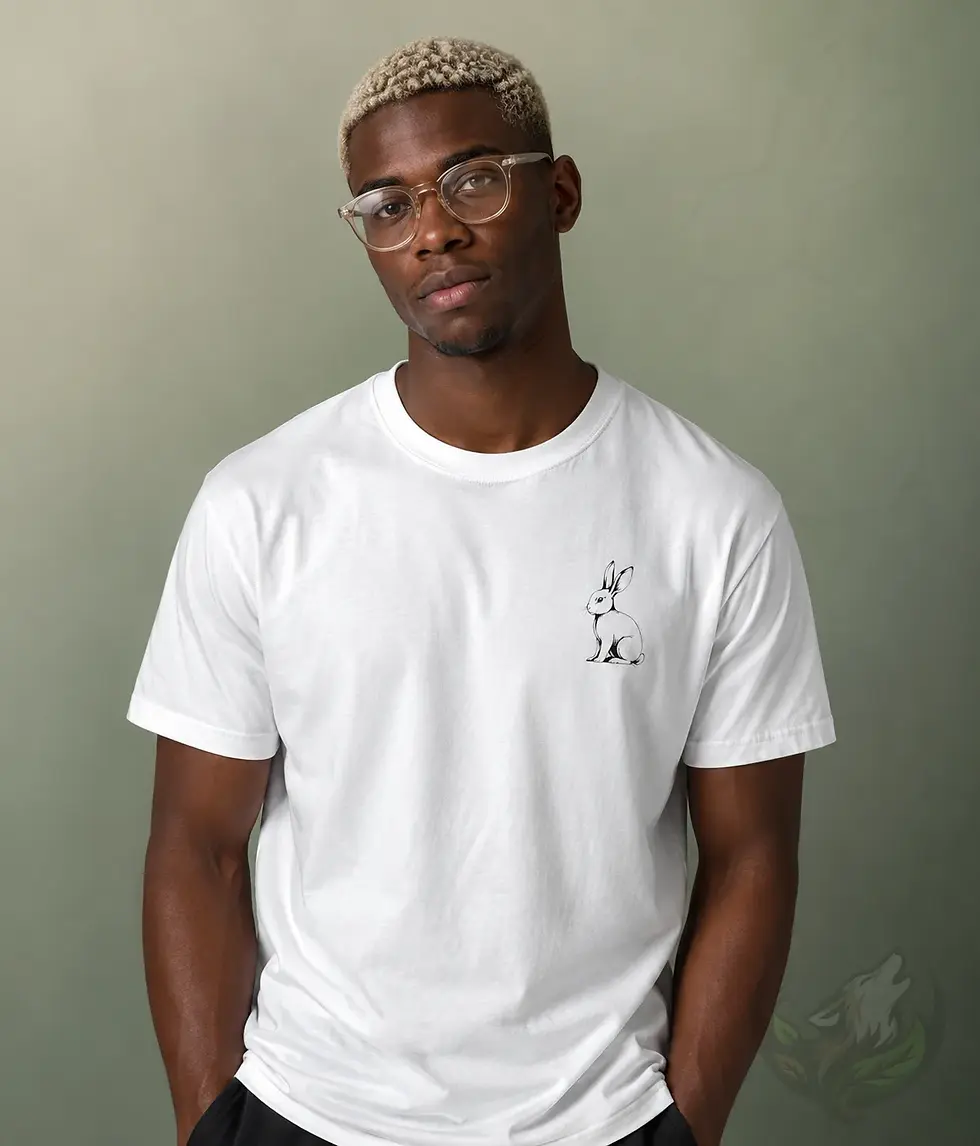 Male model in white unisex t-shirt featuring elegant rabbit line art design in clean studio setting