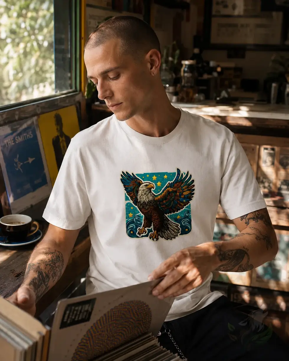 Thumbnail: White unisex eagle pixels shirt worn while browsing records, casual lifestyle with eagle artwork design
