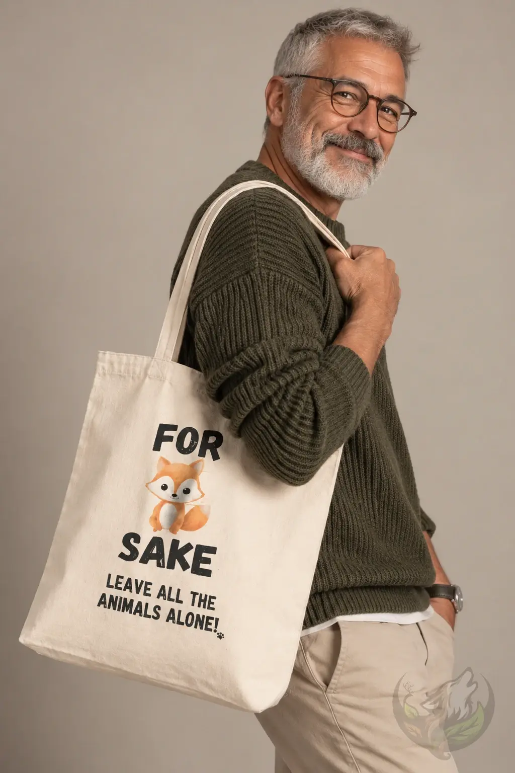Older man carrying a natural tote bag featuring a cute cartoon fox and āFor Fox Sakeā message
