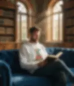Man reading on a blue sofa while wearing a white Freadom hoodie with a colourful book staircase design