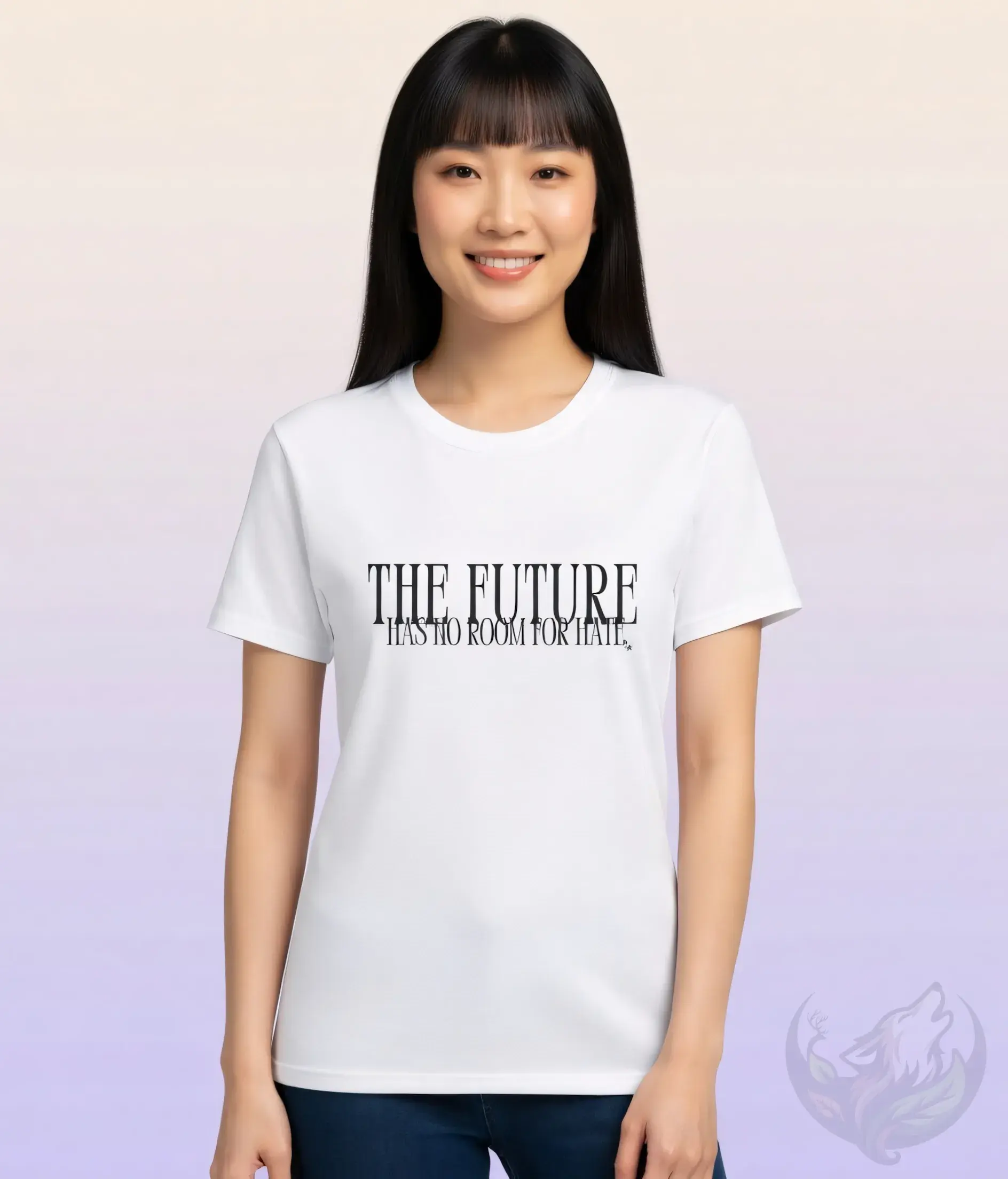 Smiling East Asian woman with long black hair and bangs wearing a fitted white t-shirt printed with "THE FUTURE HAS NO ROOM F