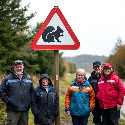 A 0.3m wide triangular road sign on a 3m high pole showing a red squirrel in silhouette.jp