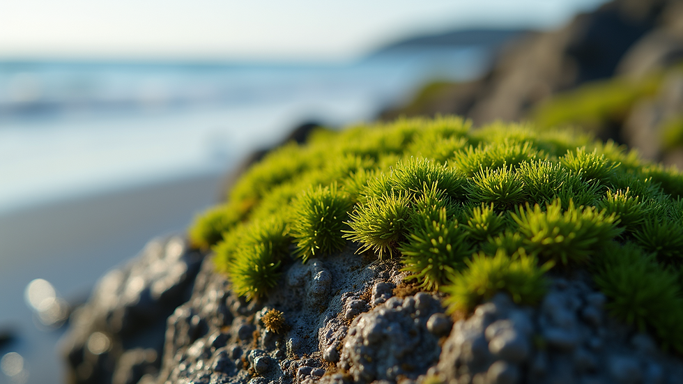 Close-up of fresh sea moss on a rock by the shore