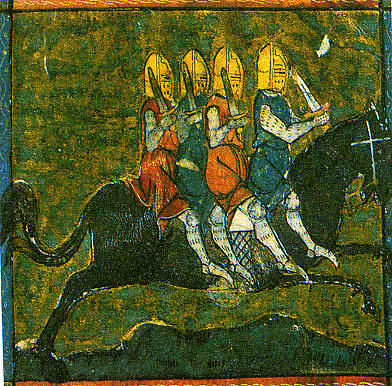 The four sons of Aymon riding Bayard.