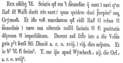 A transcription of the patent letter dated 12th October 1216.