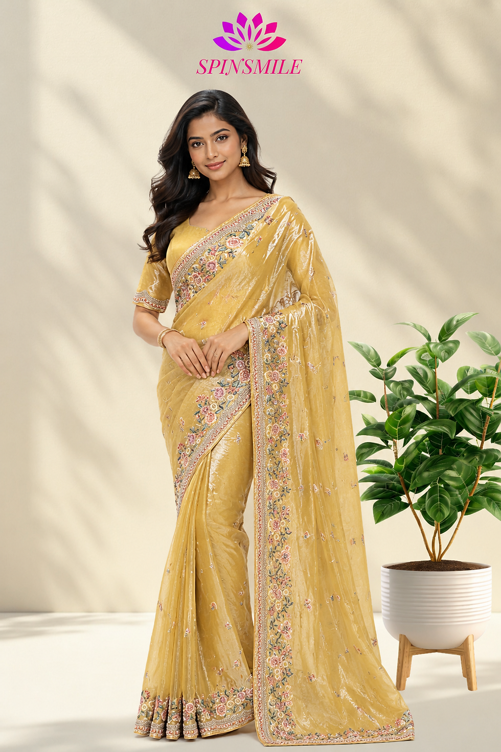 Tissue silk saree in yellow gold, stitched blouse, Tissue sare