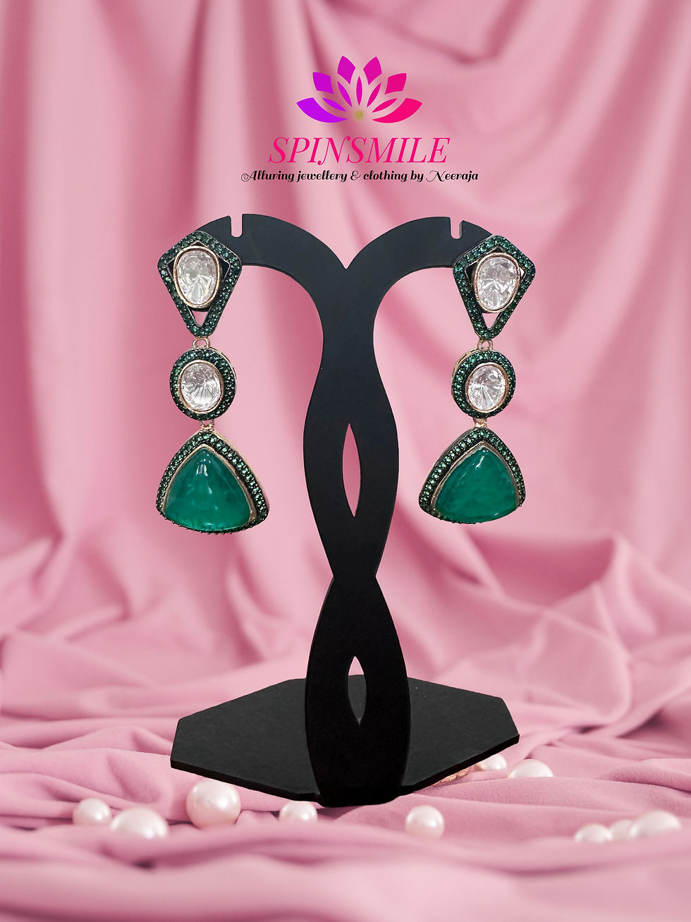 Thumbnail: emerald green statement earrings for wedding lightweight designer earrings for women India green gemstone earrings for saree