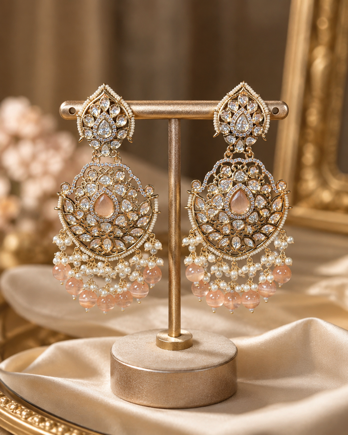 KUNDAN EARRINGS,statement earrings,peach earrings,long earrings