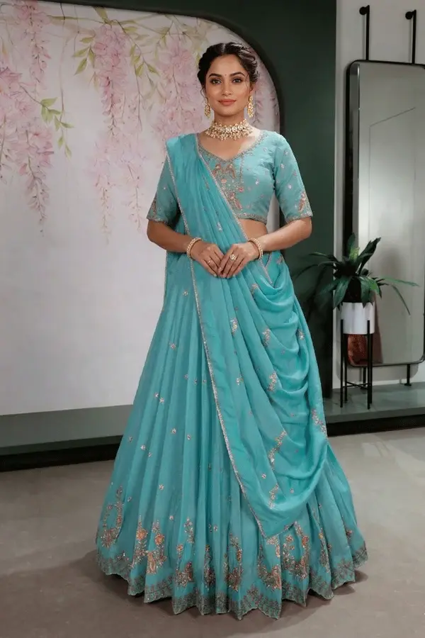 lehenga choli Elegant embroidered blouse with festive detailing Perfect for mehendi, haldi, weddings, and celebrations