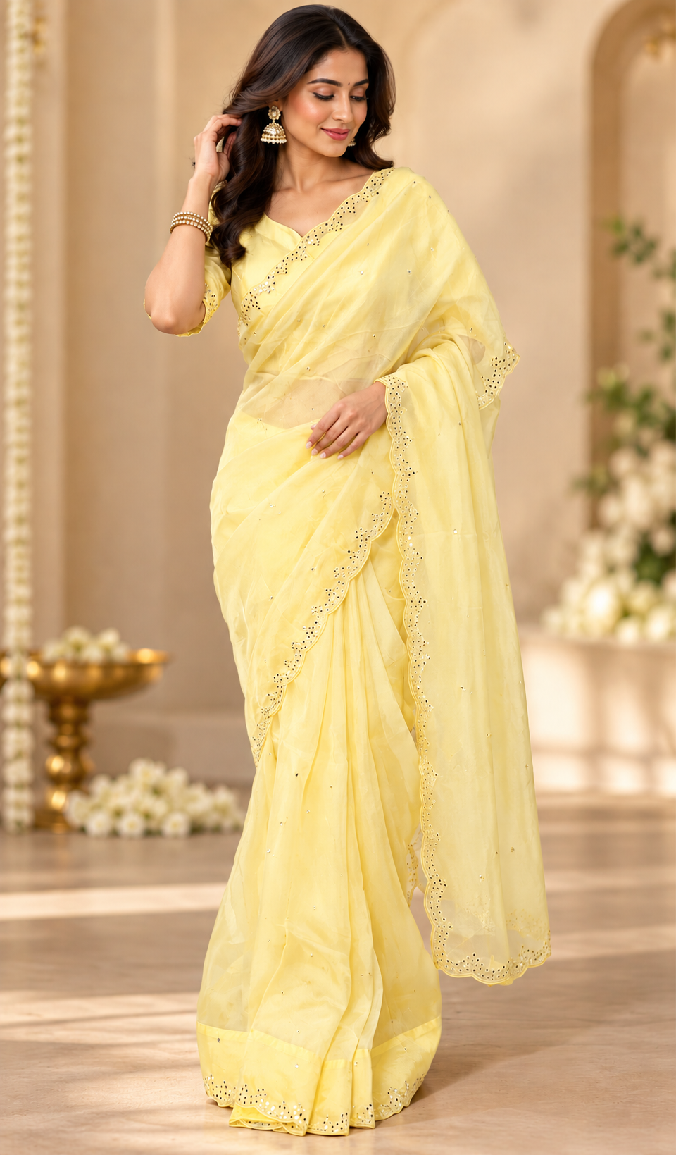 Organza pure silk sari, yellow organza saree, stitched blouse, silk marked sarees full view