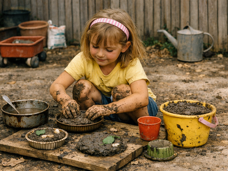 A young girl is crouched down to make mud pies. She's surrounded by buckets and pots, some empty and some with mud and spoons in.