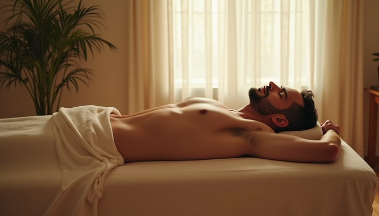 Vista aérea de um homem relaxando em uma sala de massagem com luz natural suave