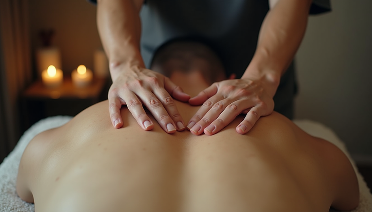 Close-up de mãos aplicando massagem profunda nas costas de um homem