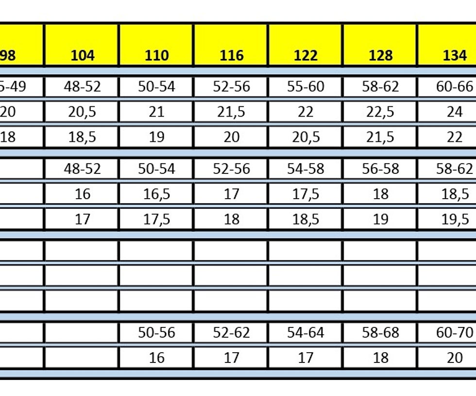 Прев'ю: Таблиця з розмірами 104, 110, 116, 122, 128, та числами для вибору розміру одягу.