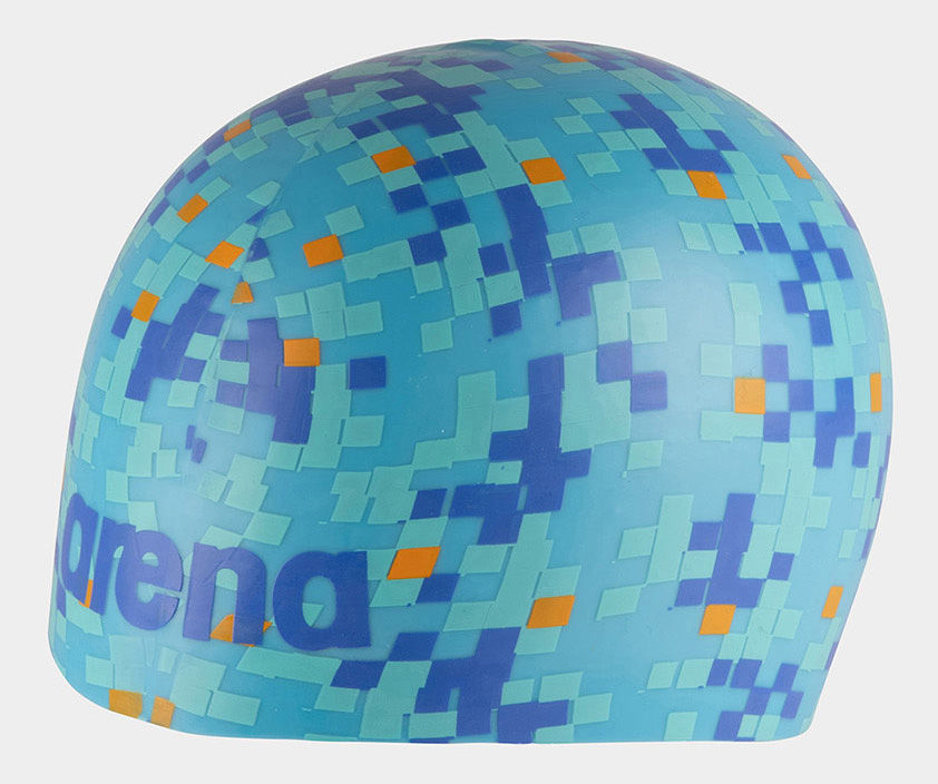 Синя шапочка для плавання Arena з яскравим піксельним принтом та логотипом