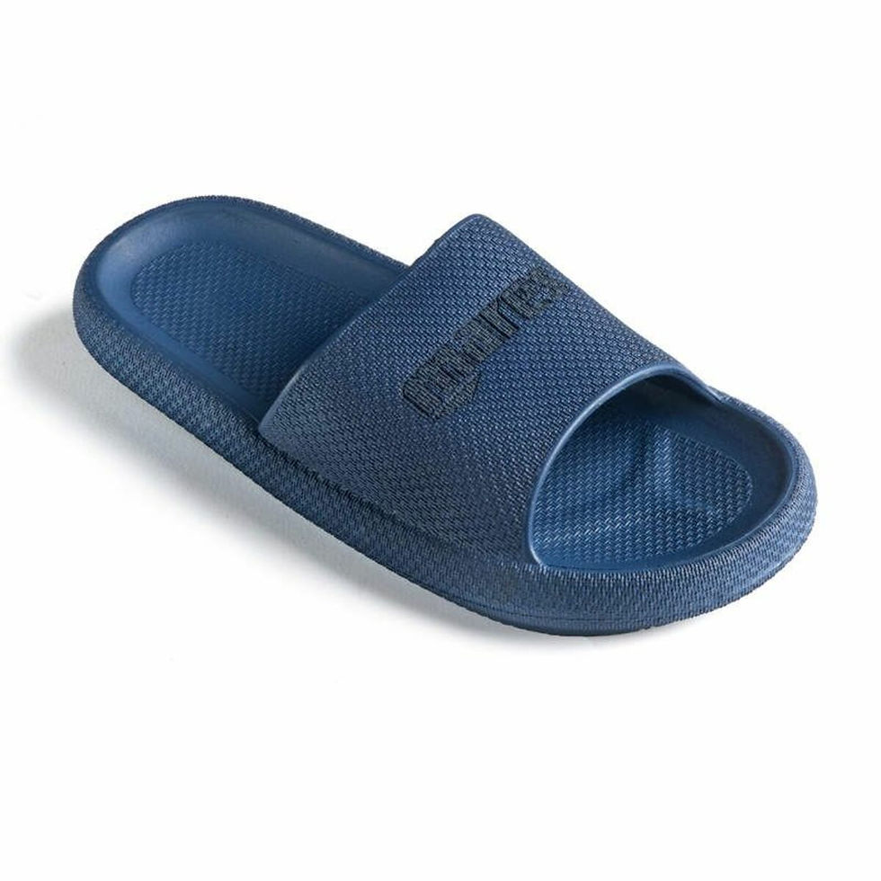 Сині шльопанці крупним планом з написом, на білому фоні. Інтернет-магазин SwimDream