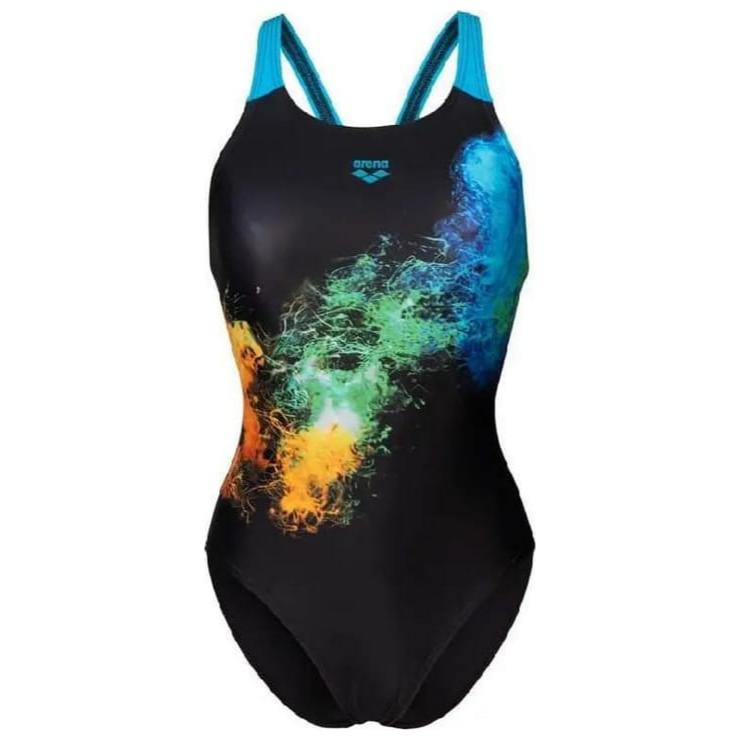 Чорний купальник Arena з кольоровим візерунком, Купальник закритий Arena TEAM SWIMSUIT CHALLENGE SOLID бірюзовий Жін 40, SwimDream