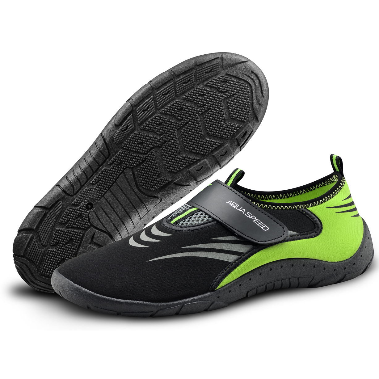 Чорні та зелені аквашузи на білому фоні. Інтернет-магазин SwimDream.