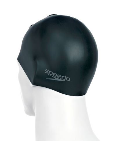 Прев'ю: Чорна шапочка для плавання Speedo на білому манекені, вид ззаду.