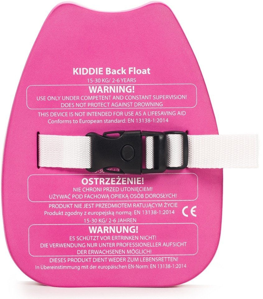 KIDDII Back Float warning text, pink float with white strap, CE marking. Інтернет-магазин SwimDream
