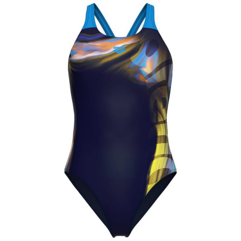 Жіночий купальник темно-синього кольору. Купальник закритий для жінок Arena FLOW SWIMSUIT V BACK LB темно-синій Жін 42. Інтернет-магазин SwimDream.