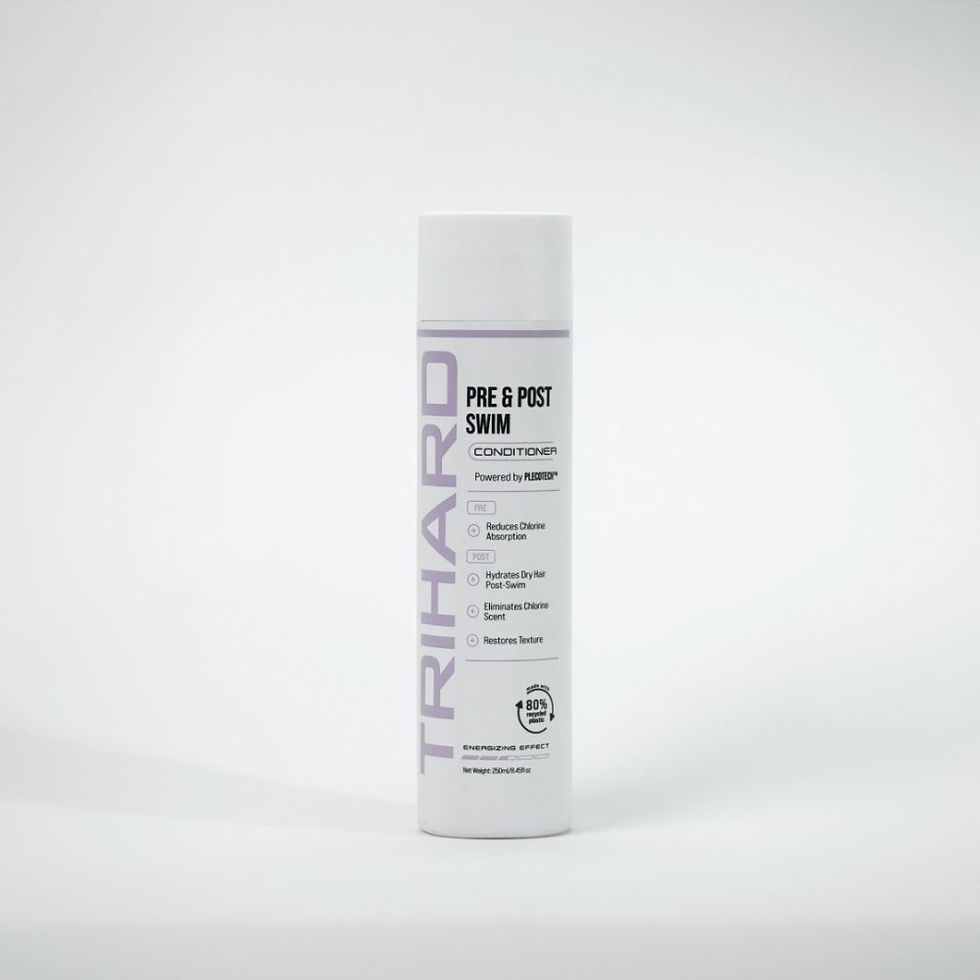 White bottle with text TRIHARD, PRE & POST SWIM, Дитячий гель для душу і шампунь 2 в 1 TRISWIM