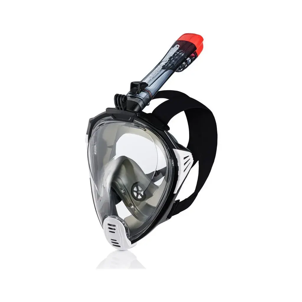 Повнолицьова маска для снорклінгу, чорна з білим, з трубкою, вид зверху. Інтернет-магазин SwimDream