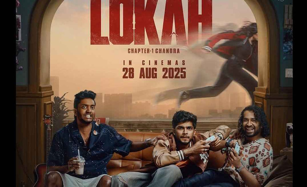 Three men sit on a couch, enthusiastically playing video games. Background shows a large poster with a running figure, text: "LOKAH 28 AUG 2025".