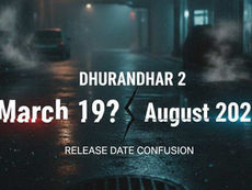 A cinematic, 16:9 movie-style feature image with a dark, gritty urban background of a rain-slicked alleyway at night. The lighting is moody with teal and orange highlights. Centered in bold, modern white typography are the words "March 19?" and "August 2026?", separated by a jagged vertical crack to symbolize conflict and uncertainty. Above the dates, the title "DHURANDHAR 2" is visible, and below them, the text "RELEASE DATE CONFUSION" adds context to the mystery.