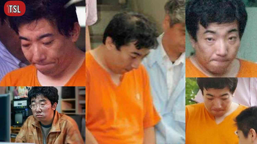 This collage features five photographs of Hiroshi Maeue, a Japanese man associated with the "suicide website" murders of the mid-2000s. The arrangement includes four images of Maeue in police custody, where he is seen wearing a bright orange V-neck t-shirt, often with his head bowed or looking downward with a somber expression. These custody photos show him at various angles, including a direct headshot and a side profile where he is surrounded by officials. In contrast, the bottom-left image captures a younger Maeue wearing glasses and a tan plaid jacket while seated in a room filled with computer monitors and electronic equipment. A small red and black "TSL" logo is visible in the top-left corner of the collage.