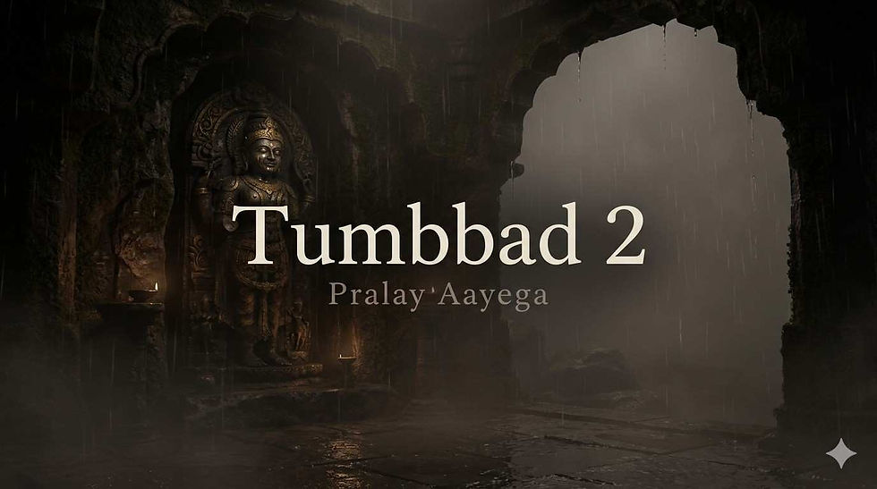 A cinematic, 16:9 horror-style image set in a mysterious, ancient Indian temple at night. The scene is shrouded in dense fog and a light, misty rain, with low lighting dominated by deep browns, blacks, and muted gold tones. In the background, a partially visible and eerie stone idol is carved into the temple wall, its eyes catching a subtle, unsettling highlight. The atmosphere is heavy and ominous. In the center of the frame, elegant off-white serif text reads “Tumbbad 2”, with the smaller, faded subtext “Pralay Aayega” positioned directly underneath. The entire composition is slightly underexposed and moody, emphasizing a quiet, looming sense of dread.