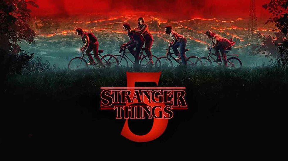 A promotional poster for the final season, Stranger Things 5. The image features five figures, the main young male characters, silhouetted while riding bicycles across a grassy field at night. Above them, the background is dark and smoky with a glowing red and orange hue, suggesting fire or a massive event in the Upside Down. The show's title, "STRANGER THINGS," is centered over a large, red, stylized number "5" at the bottom of the image.