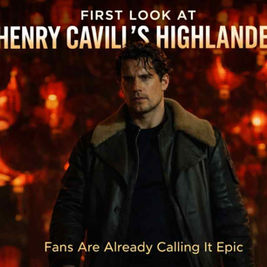 An image for a film announcement featuring actor Henry Cavill as the lead in a reboot of Highlander. Cavill stands centrally in a dark, atmospheric setting, wearing a rugged, shearling-lined leather jacket. He has a serious expression with slightly tousled dark hair.  The background is a deep, moody red, filled with the soft, glowing bokeh of numerous traditional lanterns, creating a cinematic and high-contrast look. Bold, golden-yellow text at the top reads: "FIRST LOOK AT HENRY CAVILL’S HIGHLANDER," while smaller text at the bottom states: "Fans Are Already Calling It Epic."