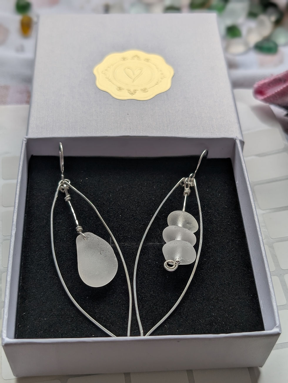 Miniatura: The Asymmetrical Tide Sea Glass Earrings: Solid Sterling Silver – £45