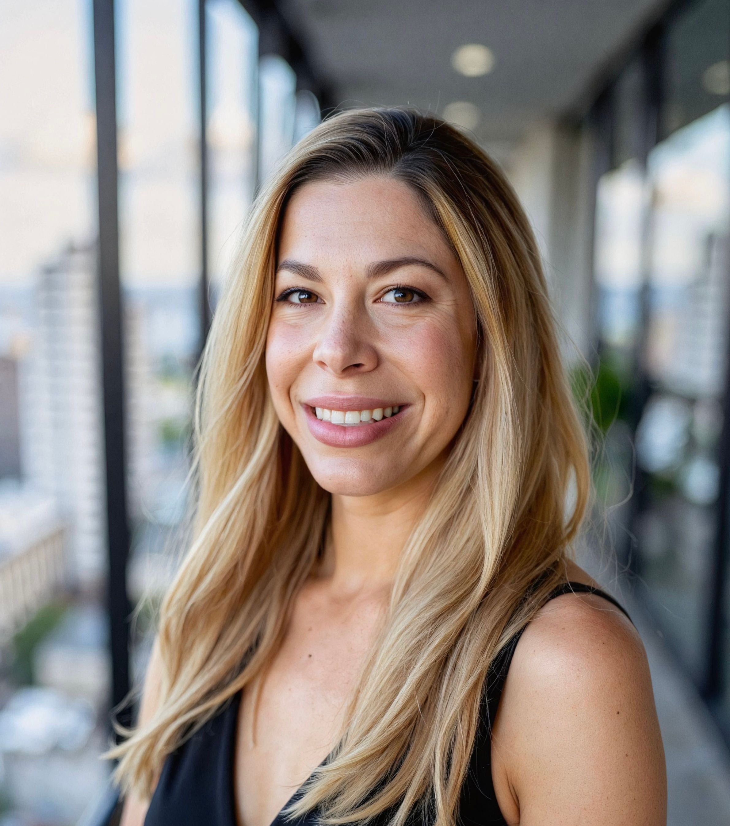 Lauren Wu with long hair in front of city skyline through windows.