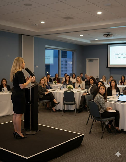 Lauren Wu presenting at a podium to a seated professional audience.