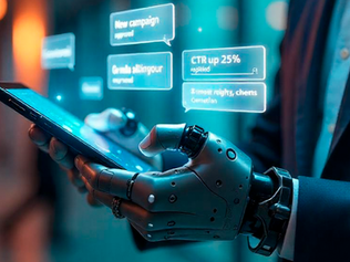 Interacción de inteligencia artificial en marketing digital: mano robótica usando tablet con hologramas de mensajes sobre campañas, CTR y chatbots en un entorno futurista.